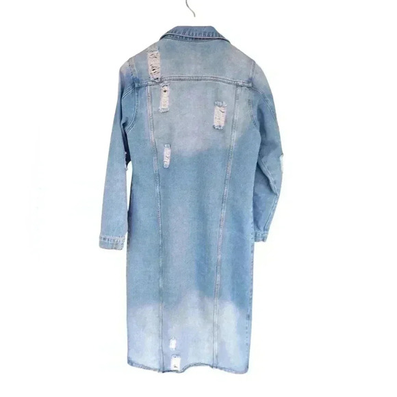 Trendy Like New Distressed Denim Maxi Jacket Blue Jean Duster - Picture 4 of 6